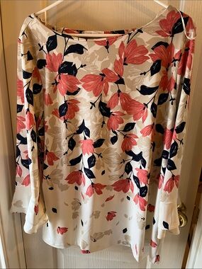Charter Club Cream Blouse with Pink Guava & Navy Floral Print